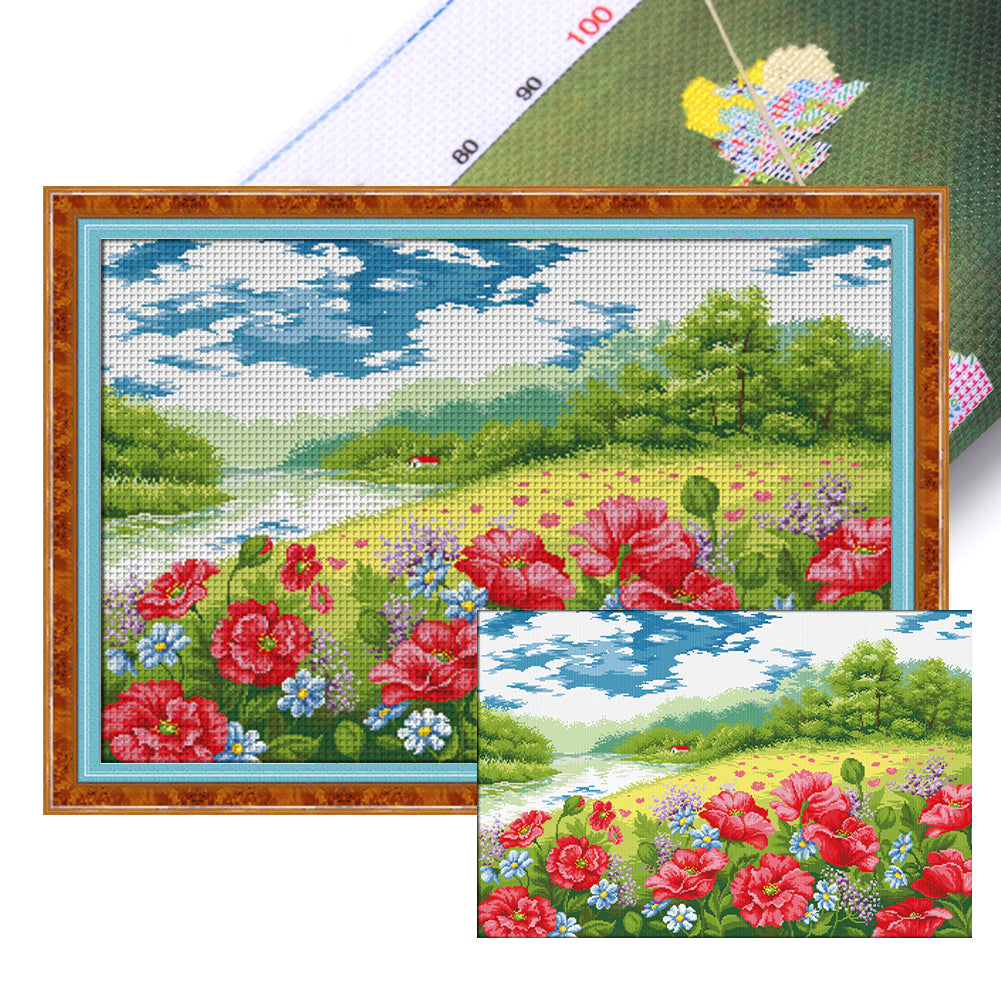 DIY - Poppy Garden - 92*66CM 11CT 3 Stamped Cross Stitch