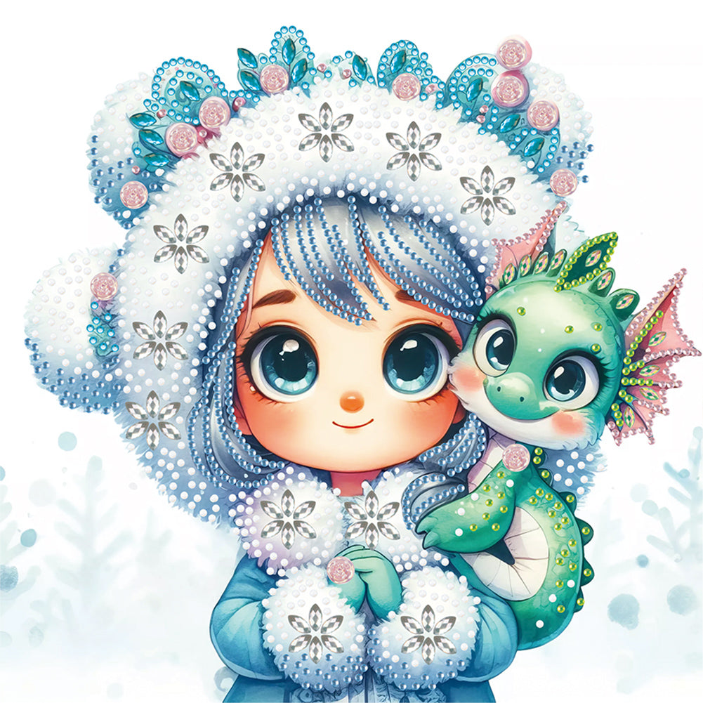 Blue-Haired Girl With A Dragon 30*30CM(Canvas) Partial Special Shaped Drill Diamond Painting