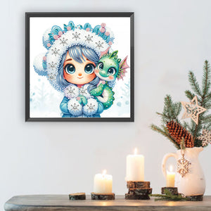 Blue-Haired Girl With A Dragon 30*30CM(Canvas) Partial Special Shaped Drill Diamond Painting