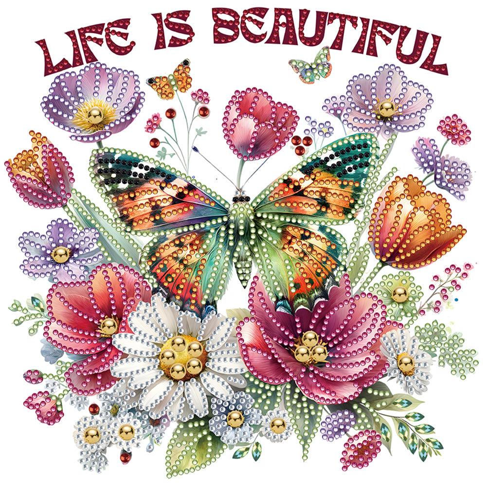 Butterfly And Flower Calligraphy 30*30CM(Canvas) Partial Special Shaped Drill Diamond Painting