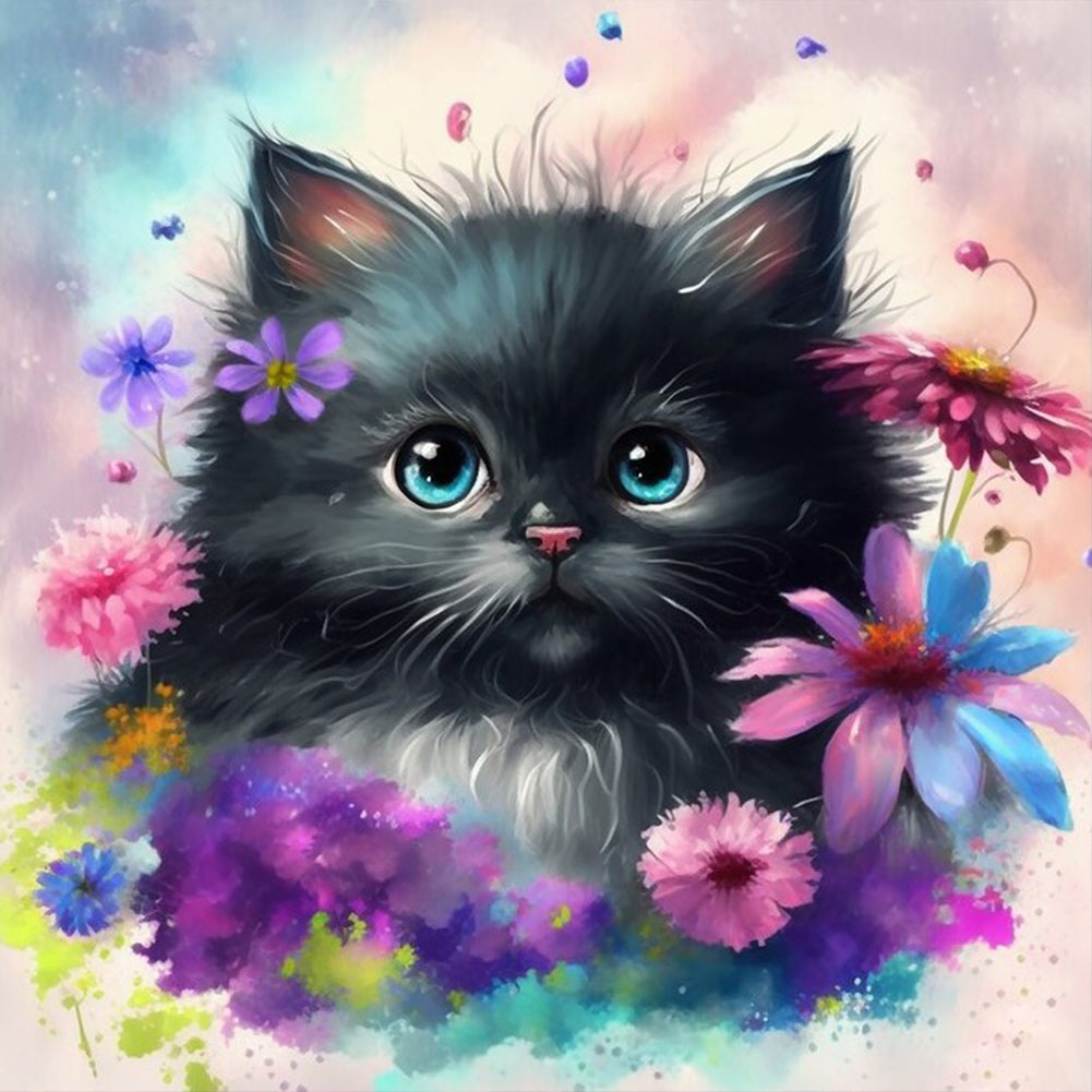 Flowers And Black Cat 30*30CM(Canvas) Full Round Drill Diamond Painting