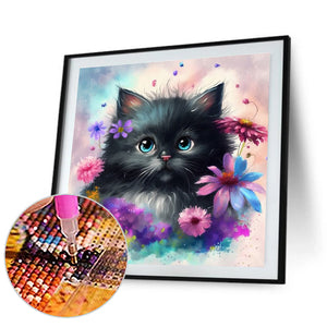 Flowers And Black Cat 30*30CM(Canvas) Full Round Drill Diamond Painting