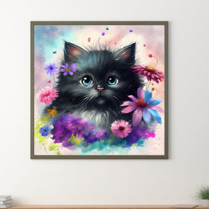 Flowers And Black Cat 30*30CM(Canvas) Full Round Drill Diamond Painting