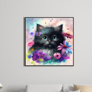 Flowers And Black Cat 30*30CM(Canvas) Full Round Drill Diamond Painting