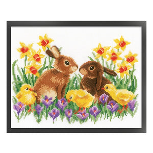 Yishu - Chicken And Rabbit Among Flowers - 60*50CM 11CT 3 Stamped Cross Stitch