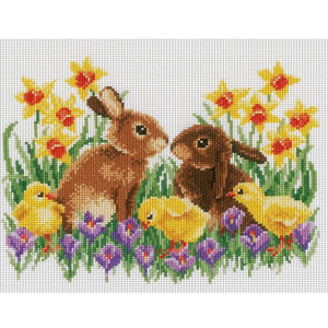 Yishu - Chicken And Rabbit Among Flowers - 60*50CM 11CT 3 Stamped Cross Stitch