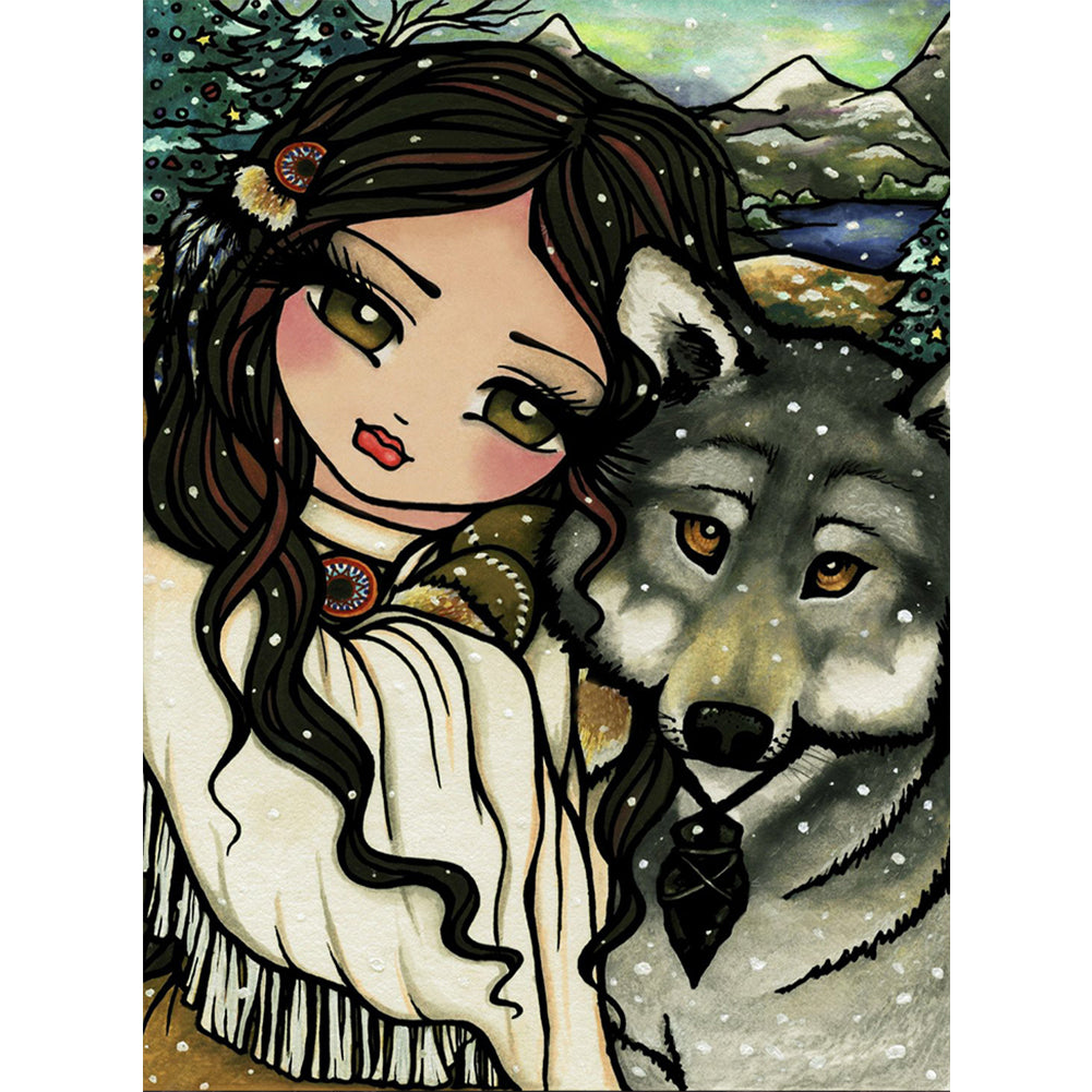 Wolf And Girl 30*40CM(Canvas) Full Round Drill Diamond Painting