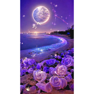 Dreamlike Purple Rose Beach Under The Moon 40*70CM(Canvas) Full Square Drill Diamond Painting