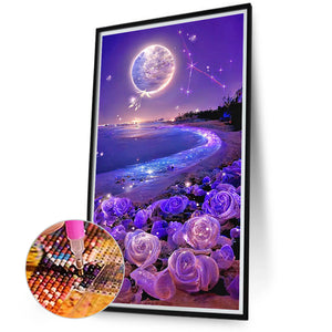 Dreamlike Purple Rose Beach Under The Moon 40*70CM(Canvas) Full Square Drill Diamond Painting