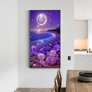 Dreamlike Purple Rose Beach Under The Moon 40*70CM(Canvas) Full Square Drill Diamond Painting