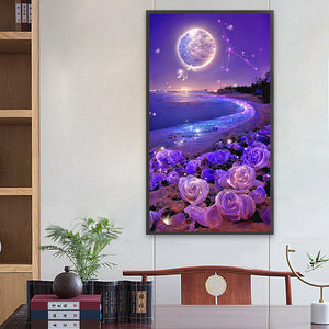 Dreamlike Purple Rose Beach Under The Moon 40*70CM(Canvas) Full Square Drill Diamond Painting
