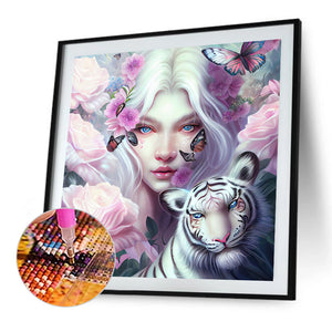 Tiger And Butterfly Girl 40*40CM(Canvas) Full Round Drill Diamond Painting