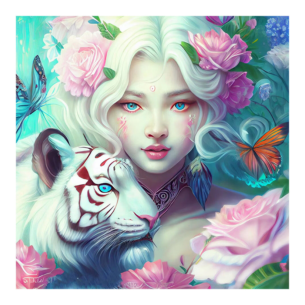 Tiger And Butterfly Girl 40*40CM(Canvas) Full Round Drill Diamond Painting