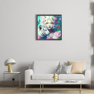 Tiger And Butterfly Girl 40*40CM(Canvas) Full Round Drill Diamond Painting