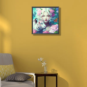 Tiger And Butterfly Girl 40*40CM(Canvas) Full Round Drill Diamond Painting