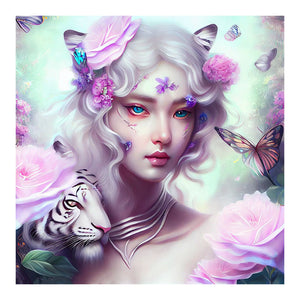 Tiger And Butterfly Girl 40*40CM(Canvas) Full Round Drill Diamond Painting