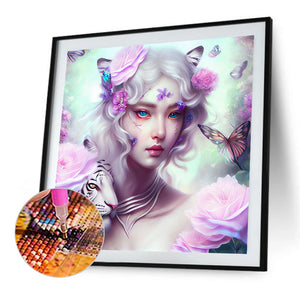 Tiger And Butterfly Girl 40*40CM(Canvas) Full Round Drill Diamond Painting