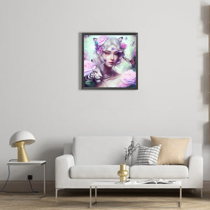 Tiger And Butterfly Girl 40*40CM(Canvas) Full Round Drill Diamond Painting