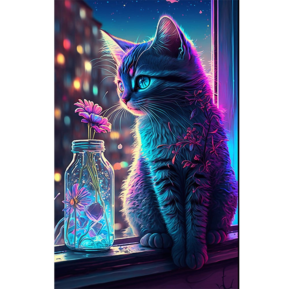 Cat In Window 30*50CM(Canvas) Full Round Drill Diamond Painting