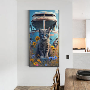 Cat Sitting In Front Of An Abandoned Bus 40*70CM(Canvas) Full Round Drill Diamond Painting