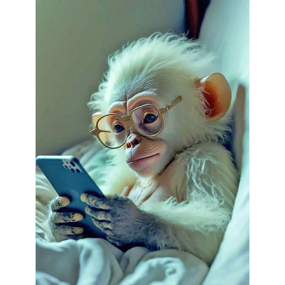 Monkey Lying In Bed Playing With Phone 30*40CM(Canvas) Full Round Drill Diamond Painting