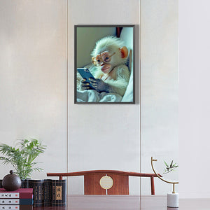 Monkey Lying In Bed Playing With Phone 30*40CM(Canvas) Full Round Drill Diamond Painting