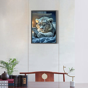White Tiger Lying In Bed Playing With Phone 30*40CM(Canvas) Full Round Drill Diamond Painting