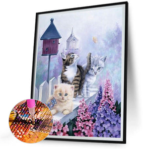 Cat Playing Among Flowers 30*40CM(Canvas) Full Round Drill Diamond Painting