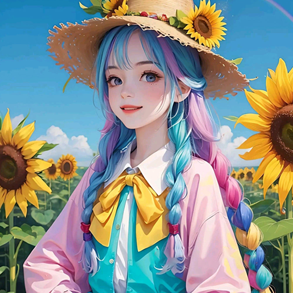 Huancan - Manga Girl And Sunflower - 50*50CM 9CT 4 Stamped Cross Stitch