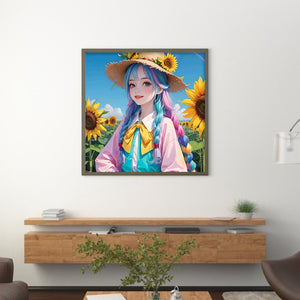 Huancan - Manga Girl And Sunflower - 50*50CM 9CT 4 Stamped Cross Stitch