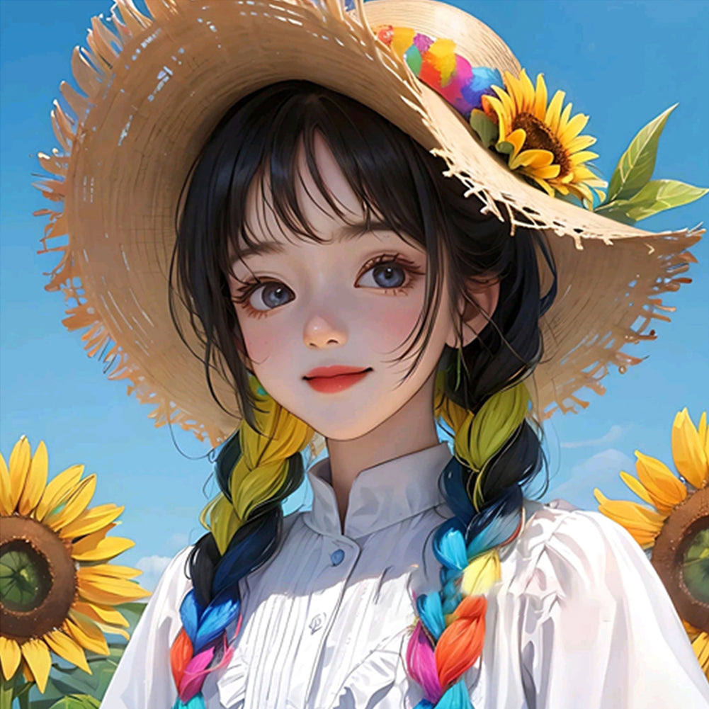 Huancan - Manga Girl And Sunflower - 50*50CM 9CT 4 Stamped Cross Stitch