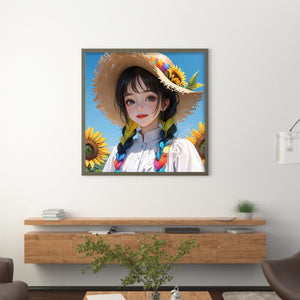Huancan - Manga Girl And Sunflower - 50*50CM 9CT 4 Stamped Cross Stitch