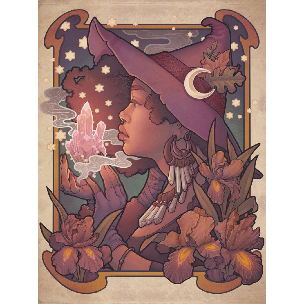 Cartoon Witch With Five-Pointed Wreath 30*40CM(Canvas) Full Round Drill Diamond Painting