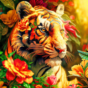 Tiger Next To Flowers 40*40CM(Canvas) Full Round Drill Diamond Painting