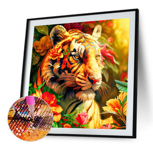 Tiger Next To Flowers 40*40CM(Canvas) Full Round Drill Diamond Painting