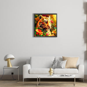 Tiger Next To Flowers 40*40CM(Canvas) Full Round Drill Diamond Painting
