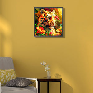 Tiger Next To Flowers 40*40CM(Canvas) Full Round Drill Diamond Painting