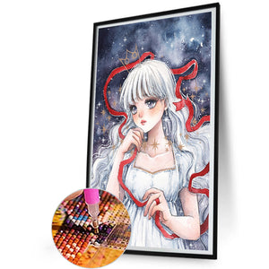 Girl With White Hair And Red String 30*50CM(Canvas) Full Round Drill Diamond Painting