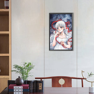 Girl With White Hair And Red String 30*50CM(Canvas) Full Round Drill Diamond Painting