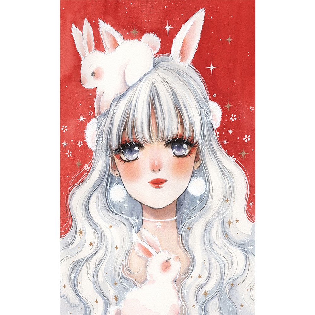 Girl With White Hair And Bunny Ears 30*50CM(Canvas) Full Round Drill Diamond Painting