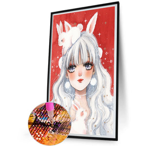 Girl With White Hair And Bunny Ears 30*50CM(Canvas) Full Round Drill Diamond Painting