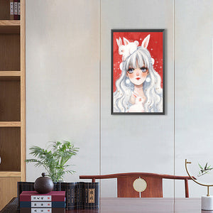 Girl With White Hair And Bunny Ears 30*50CM(Canvas) Full Round Drill Diamond Painting