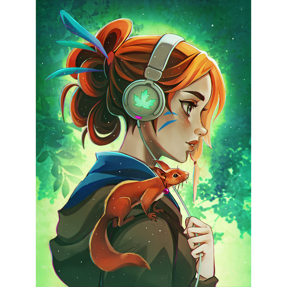 Girl With Headphones And Squirrel 30*40CM(Canvas) Full Round Drill Diamond Painting