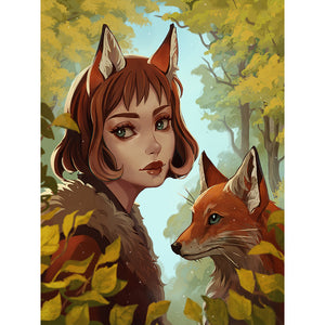 Girl With Fox Ears And Fox 30*40CM(Canvas) Full Round Drill Diamond Painting