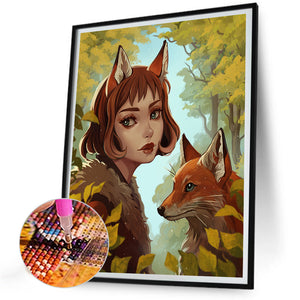 Girl With Fox Ears And Fox 30*40CM(Canvas) Full Round Drill Diamond Painting