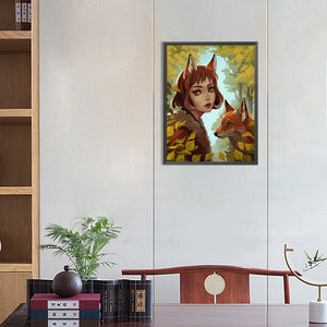 Girl With Fox Ears And Fox 30*40CM(Canvas) Full Round Drill Diamond Painting