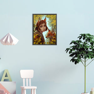 Girl With Fox Ears And Fox 30*40CM(Canvas) Full Round Drill Diamond Painting