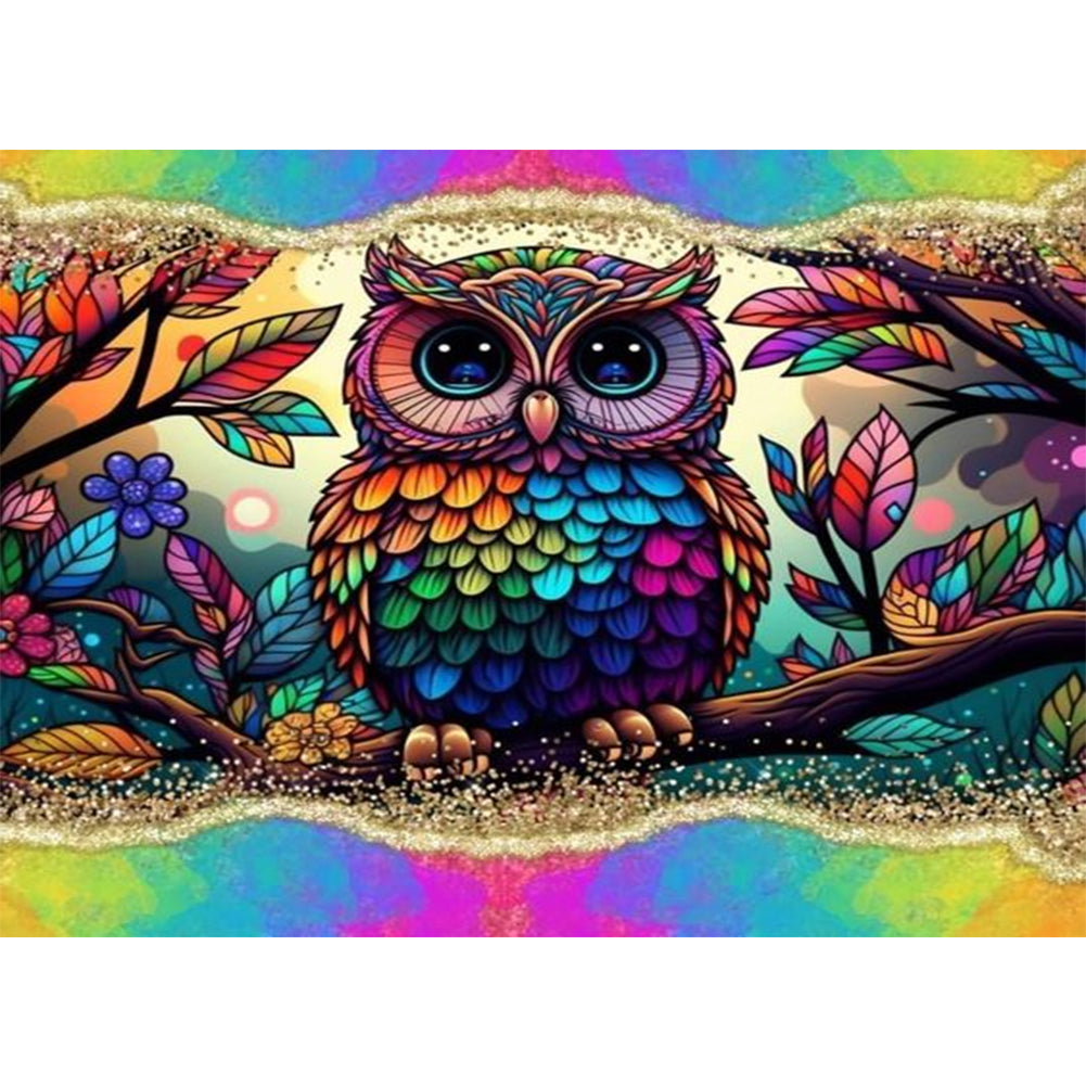 Owl With Rainbow Border 40*30CM(Canvas) Full Round Drill Diamond Painting