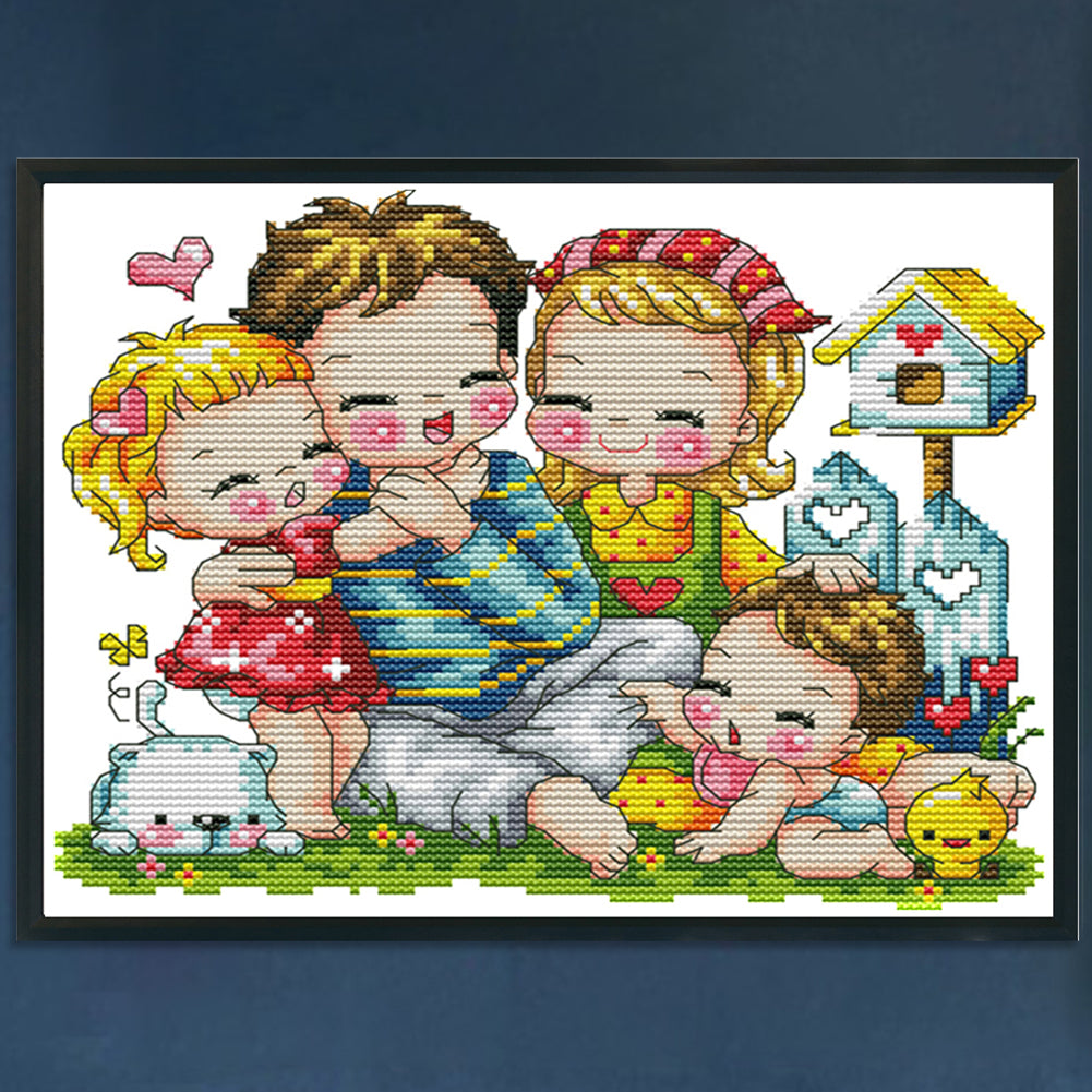 Happy Family - 14CT Stamped Cross Stitch 27x22CM - Joy Sunday