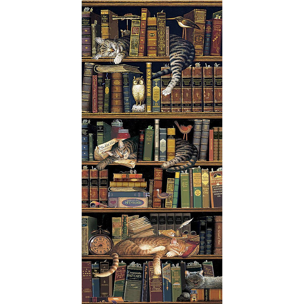 Cat On Bookshelf 40*80CM(Canvas) Full Round Drill Diamond Painting